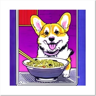 corgi eating ramen noodle soup. Posters and Art